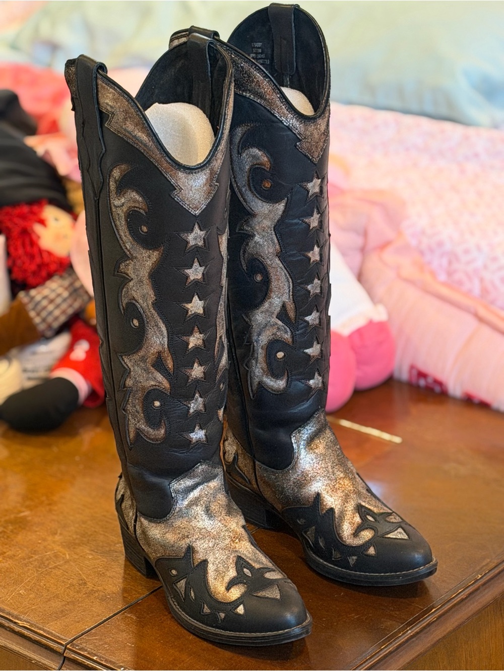 Women's Sheryl Crowe SC Sassy Black and Metallic Silver Western-Style Knee Boot